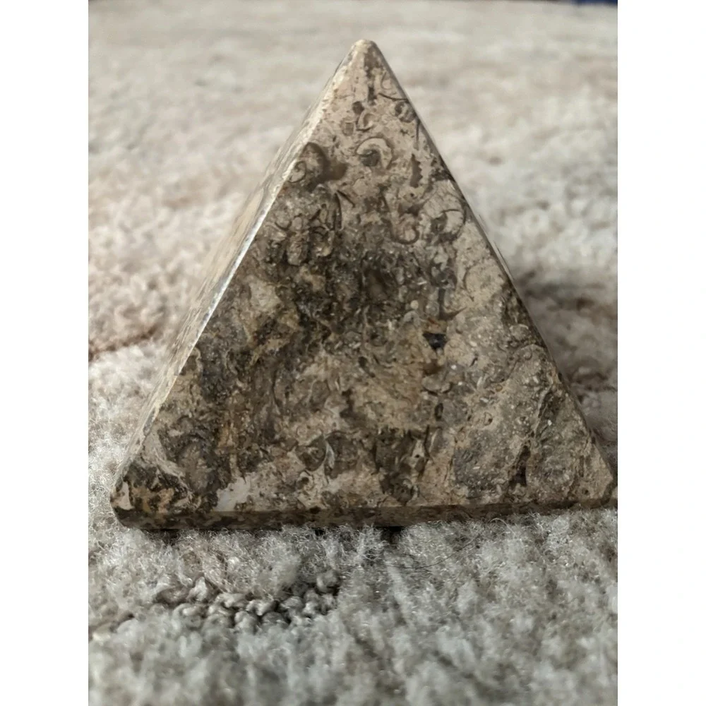 Vintage Fossil Limestone Pyramid Paperweight Orthoceras Ammonite Stone Decor 3